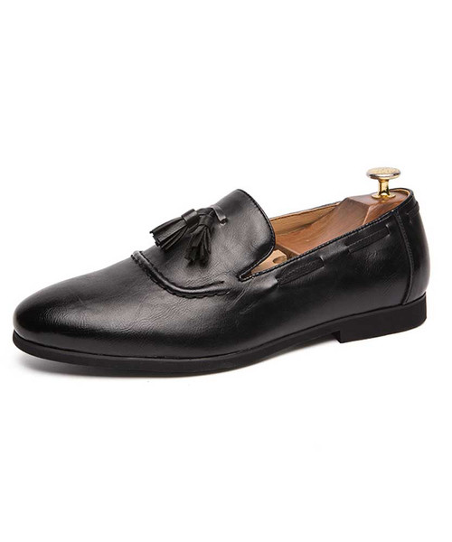 Men's black sewed tassel on vamp leather slip on dress shoe 01