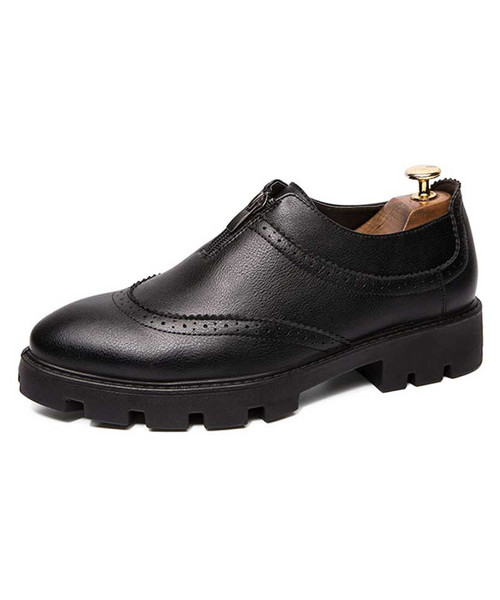 Men's black sewed zipper on vamp leather slip on dress shoe 01