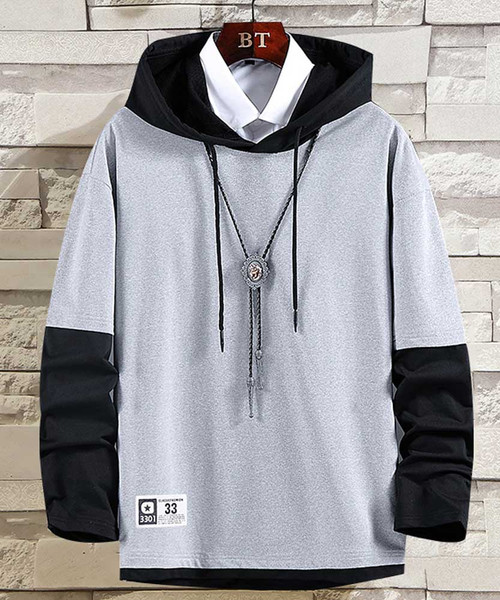 Men's grey long sleeve print pull over hoodies mix color 01