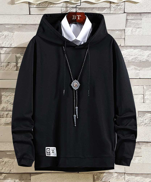 Men's black long sleeve print pull over hoodies 01