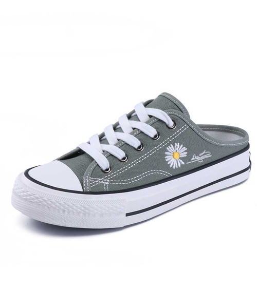 Women's green canvas floral print half shoe sneaker 01