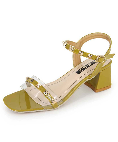 Yellow mental design ankle strap buckle heel sandal 01