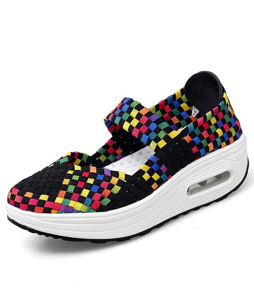 Women's multi color weave pattern low cut rocker bottom shoe sneaker 01