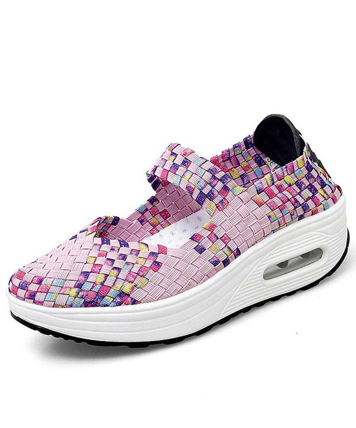 Women's pink weave pattern low cut rocker bottom shoe sneaker 01