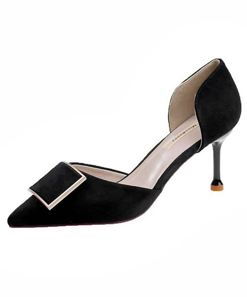 Black square buckle leather slip on heel dress shoe 01