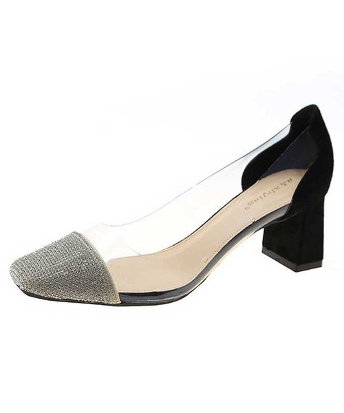 Black sequin square toe  slip on chunk heel dress shoe