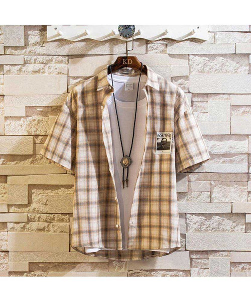 Men's khaki check POSITIVE label short sleeve button shirt 01