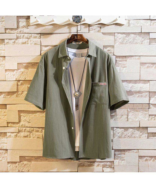 Men's army green short sleeve button shirt with chest pocket 01