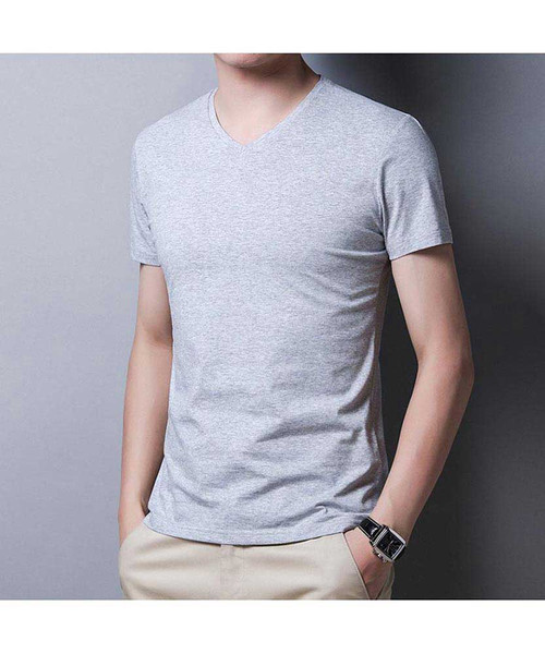 Men's grey simple plain V neck short sleeve t-shirt 01