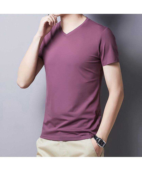 Men's purple simple plain V neck short sleeve t-shirt 01
