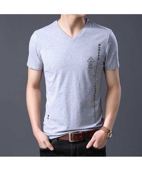 Men's grey logo pattern print V neck short sleeve t-shirt 01