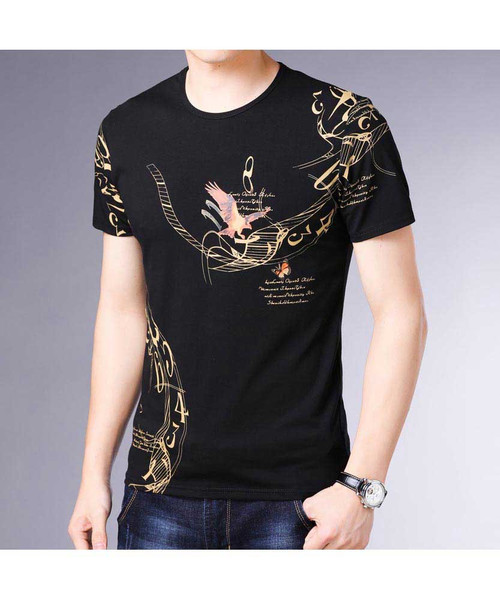Men's black mixed pattern print short sleeve t-shirt 01