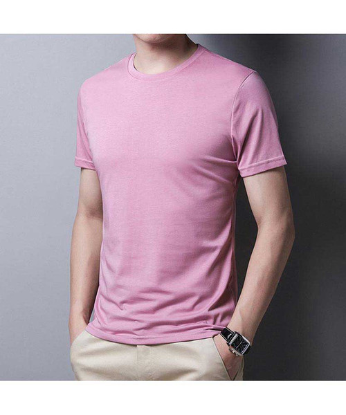 Men's pink round neck short sleeve t-shirt in plain 01