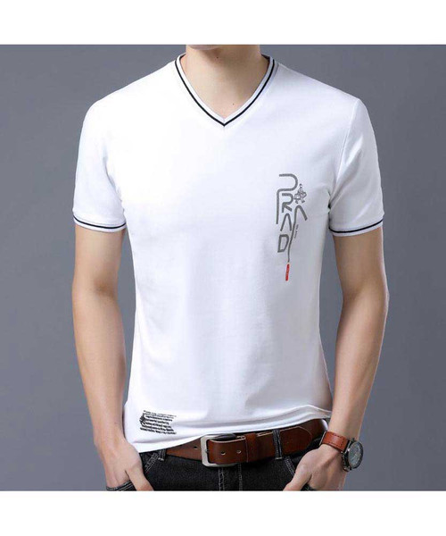 Men's white pattern print contrast stripe short sleeve t-shirt