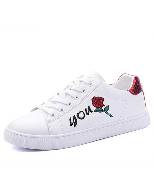 Women's white red floral pattern print lace up shoe sneaker 01