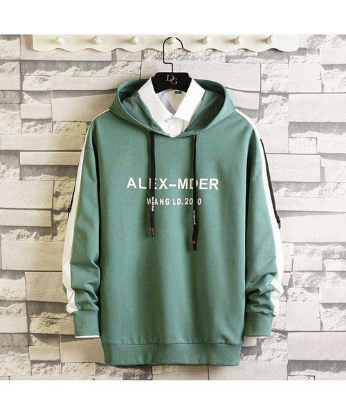 Men's green pattern letter print pull over hoodies
