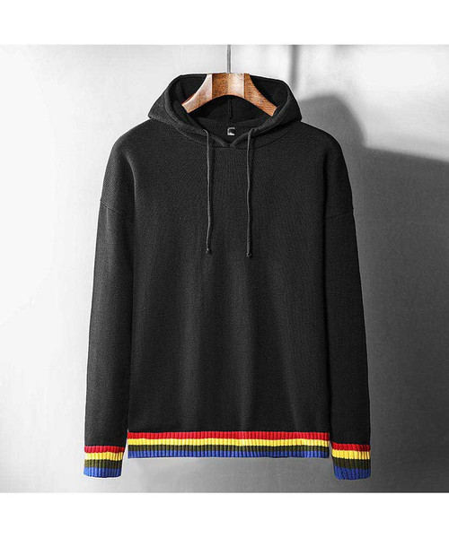 Black multi color stripe hem pull over hoodies 01