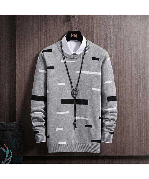 Men's grey random color stripe pattern pull over sweater