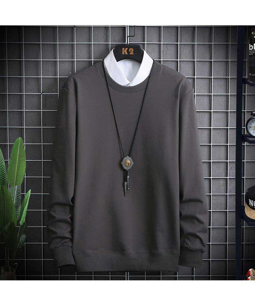 Men's grey plain round neck long sleeve pull over sweatshirt 01