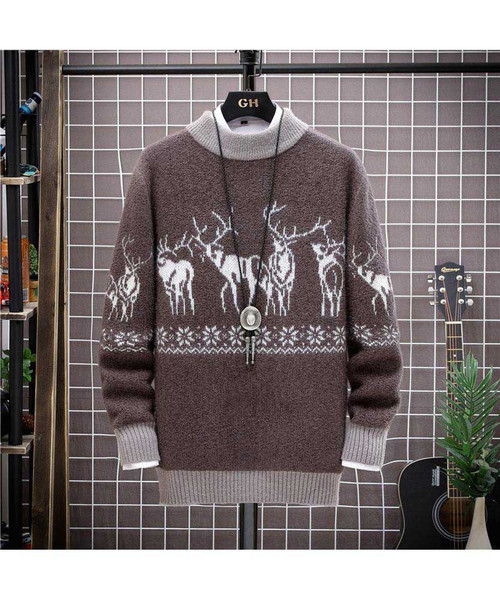 Men's coffee deer & floral pattern pull over sweater