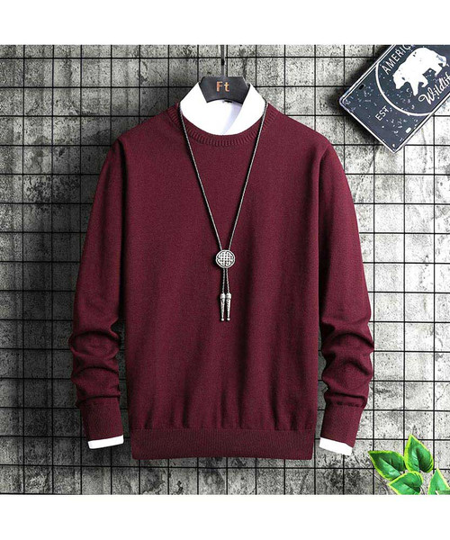 Men's red ribbed round neck plain pull over sweater