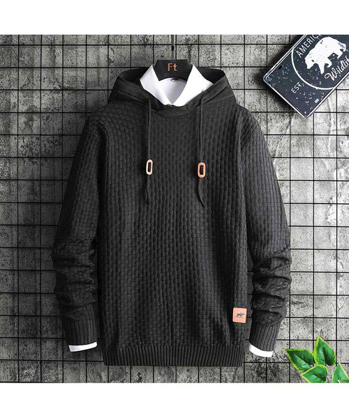 Men's black weave pattern pull over sweater with hood