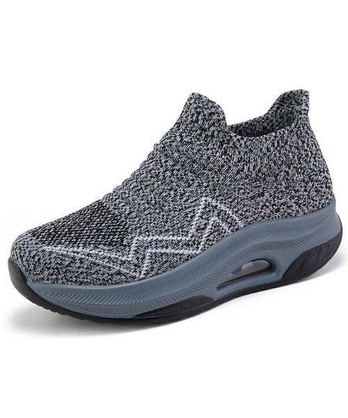 Women's grey flyknit stripe sock like slip on rocker bottom sneaker 01