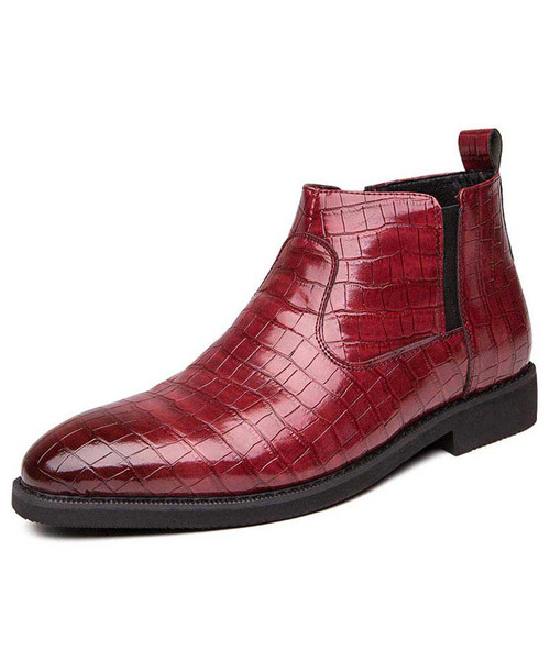 Men's red retro croco skin pattern slip on dress shoe boot 01