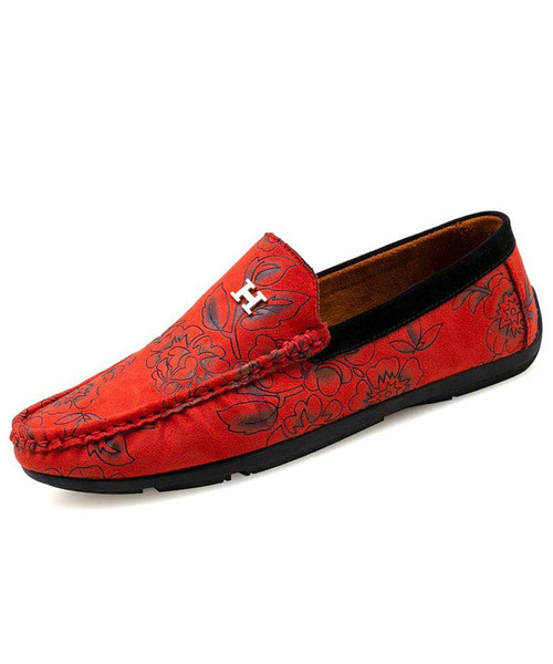 Men's red letter ornament floral pattern slip on shoe loafer 01