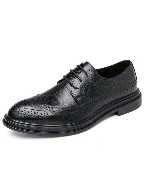 Men's black brogue leather derby dress shoe check pattern 01