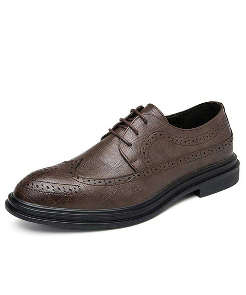 Men's brown brogue leather derby dress shoe check pattern 01