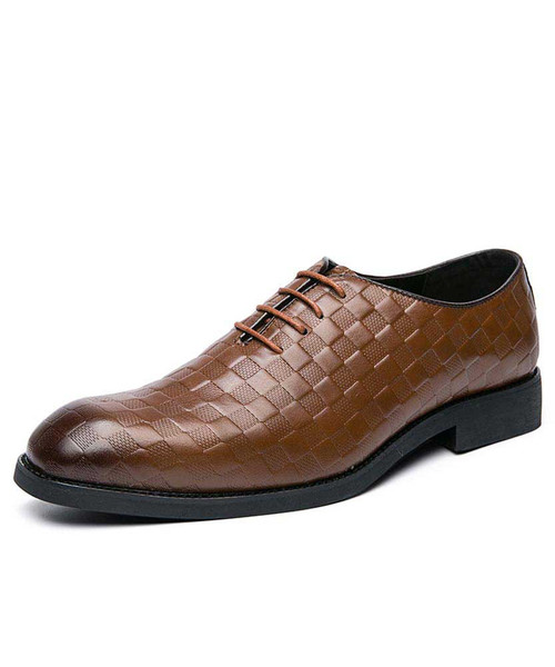 Men's brown check pattern leather oxford dress shoe 01