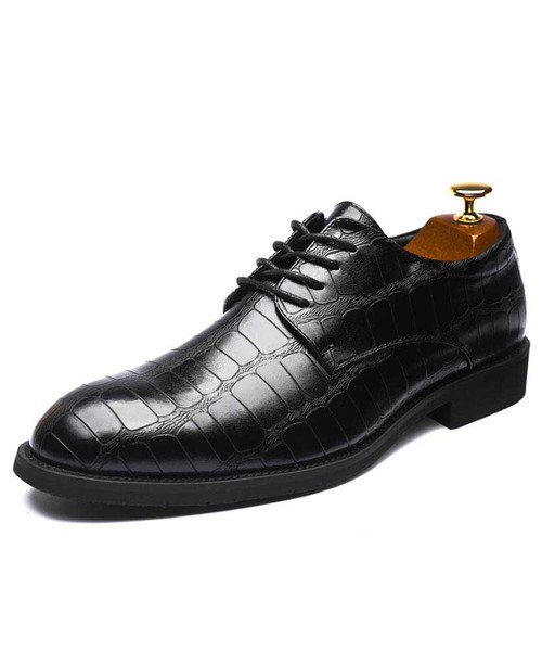 Men's black crocodile skin pattern derby dress shoe 01
