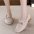 Women's beige buckle penny slip on thick heel dress shoe 02