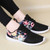 Women's black floral pattern print casual lace up shoe sneaker 05