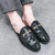 Men's black pattern print metal buckle slip on shoe mule 06