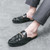 Men's black pattern print metal buckle slip on shoe mule 08