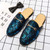 Men's blue floral pattern print metal buckle slip on shoe mule 06