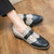 Men's black beige retro pattern metal buckle slip on dress shoe 04