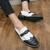 Men's white black retro pattern metal buckle slip on dress shoe 04