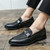Men's black wave pattern decorated metal on strap slip on dress shoe 04