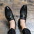 Men's black wave pattern decorated metal on strap slip on dress shoe 02