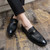 Men's black wave pattern decorated metal on strap slip on dress shoe 03