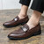 Men's brown wave pattern decorated metal on strap slip on dress shoe 02