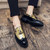 Men's black golden pattern brogue tassel on top slip on dress shoe 04