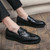 Men's black metal buckle croc pattern penny slip on dress shoe 05