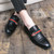 Men's black metal & stripe croc skin pattern slip on dress shoe 03