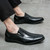 Men's black simple plain stitch accents slip on dress shoe 02