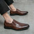 Men's brown simple plain stitch accents slip on dress shoe 03