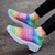 Women's rainbow stripe rhinestone slip on double rocker bottom sneaker 03